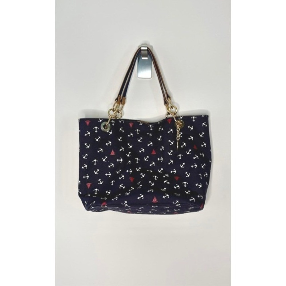 Tommy Hilfiger Navy Blue Nautical Anchor Sailboat Canvas Tote‎ Bag Gold Hardware